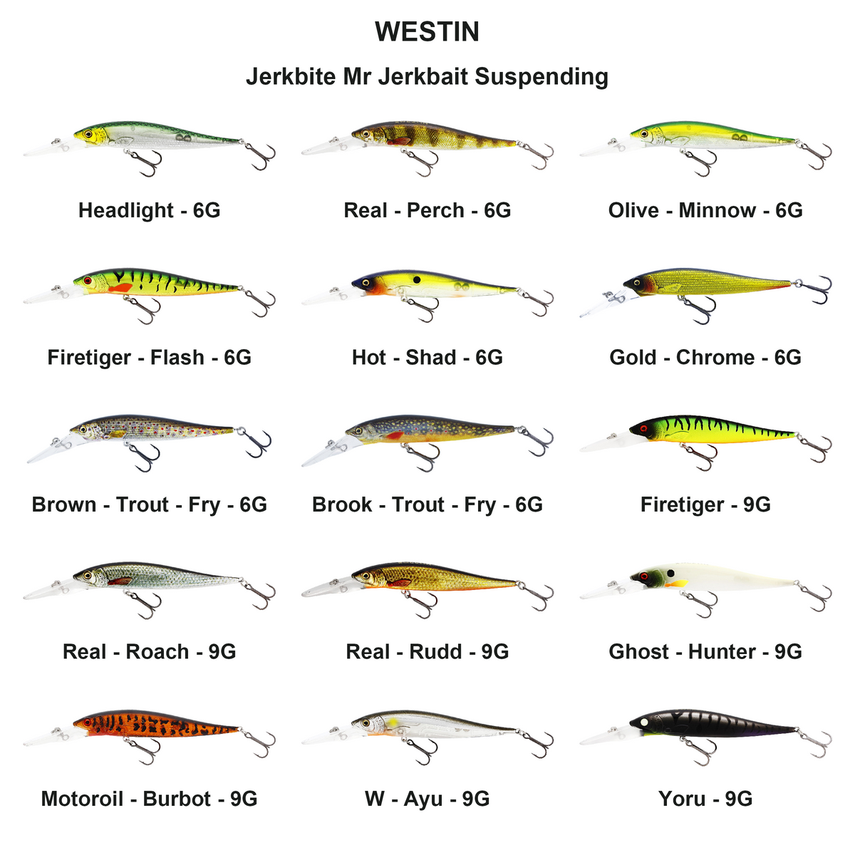 Farveoversigt – Jerkbite Mr Jerkbait Suspending