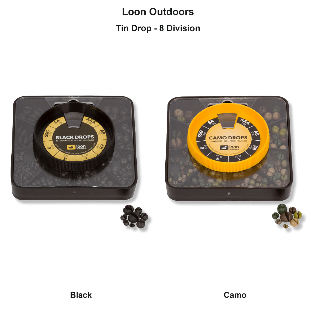 Farveoversigt – Loon Outdoors Tin Drop - 8 Division