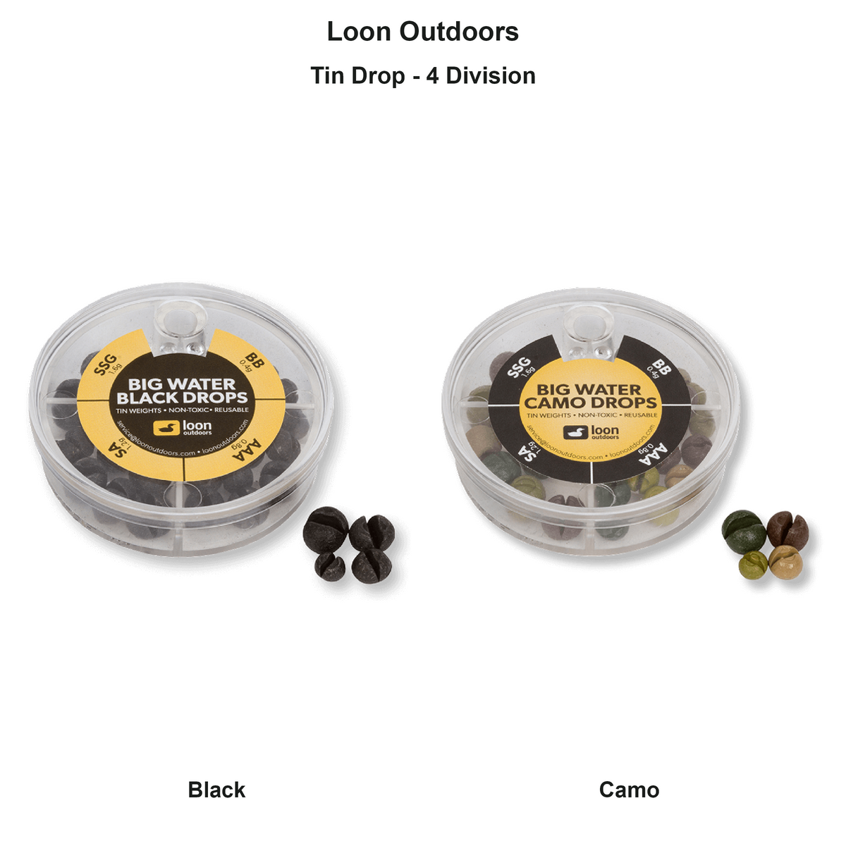 Farveoversigt – Loon Outdoors Tin Drop - 4 Division