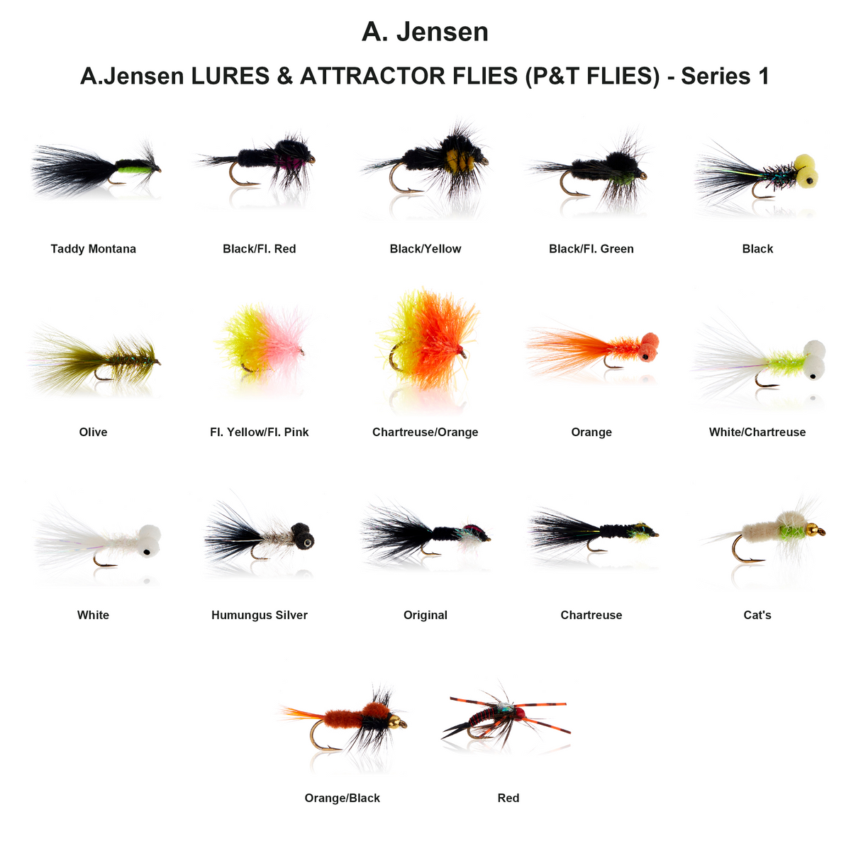 Farveoversigt – A.Jensen LURES & ATTRACTOR FLIES (P&T FLIES) - Series 1