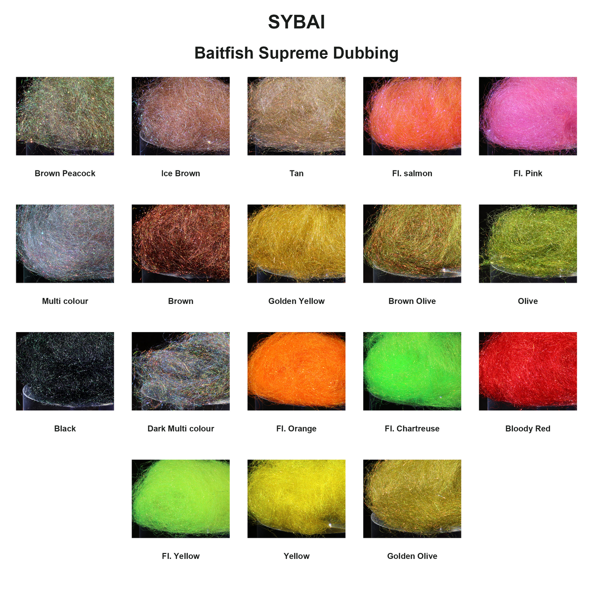 Baitfish Supreme Dubbing – farveoversigt med 18 farver (SYBAI)
