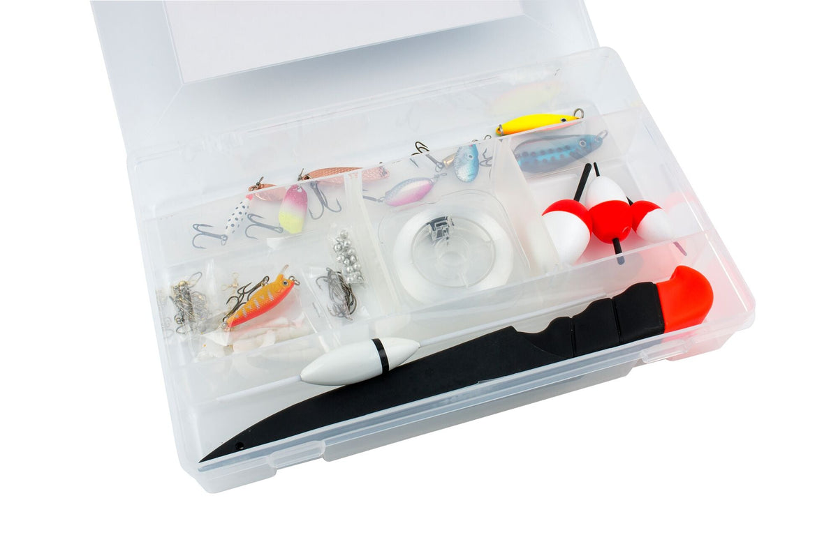 Abu Garcia tackle box for put-and-take fishing, featuring a selection of tackle.