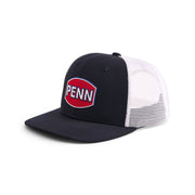 PENN Performance Trucker Cap in navy blue and white, viewed from the front at an angle.