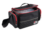 Abu Garcia Shoulder Bag in black and red with an open main compartment and visible tackle box.