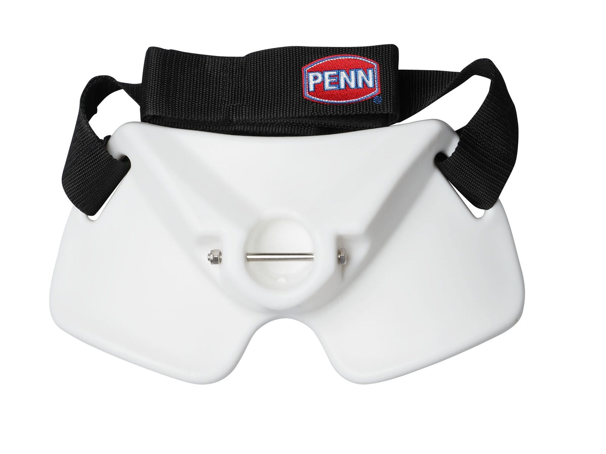 PENN Gimbal Belt with a white gimbal plate, metal bolt and wide black strap featuring the PENN logo.